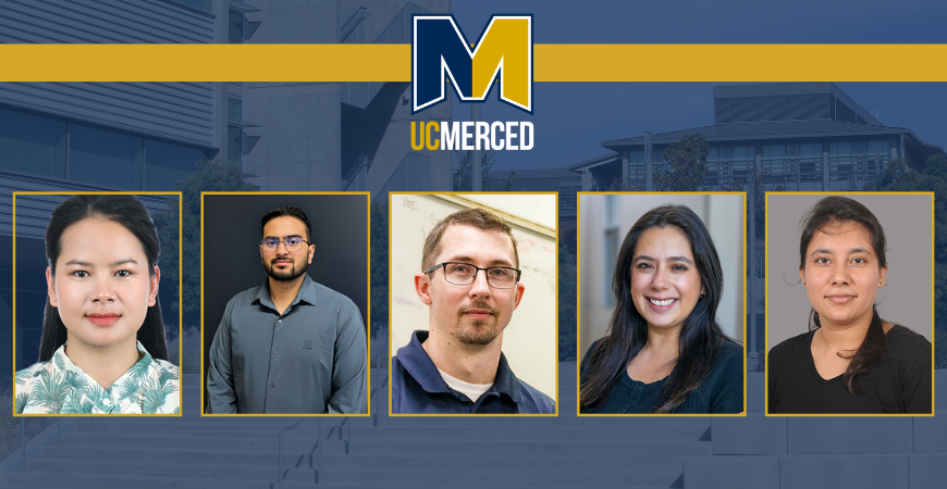 blue and gold graphic with five headshots of postdoctoral scholars