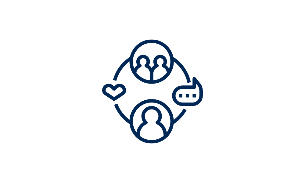 Icon of a circle with four other circles around it: people, heart and dialogue bubble.