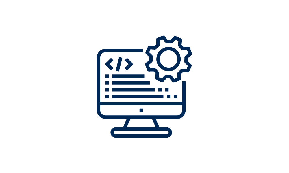 Icon of a computer system with a cog wheel in upper right hand corner.