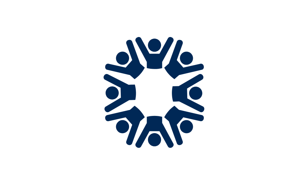 Circle with eight people with arms raised.