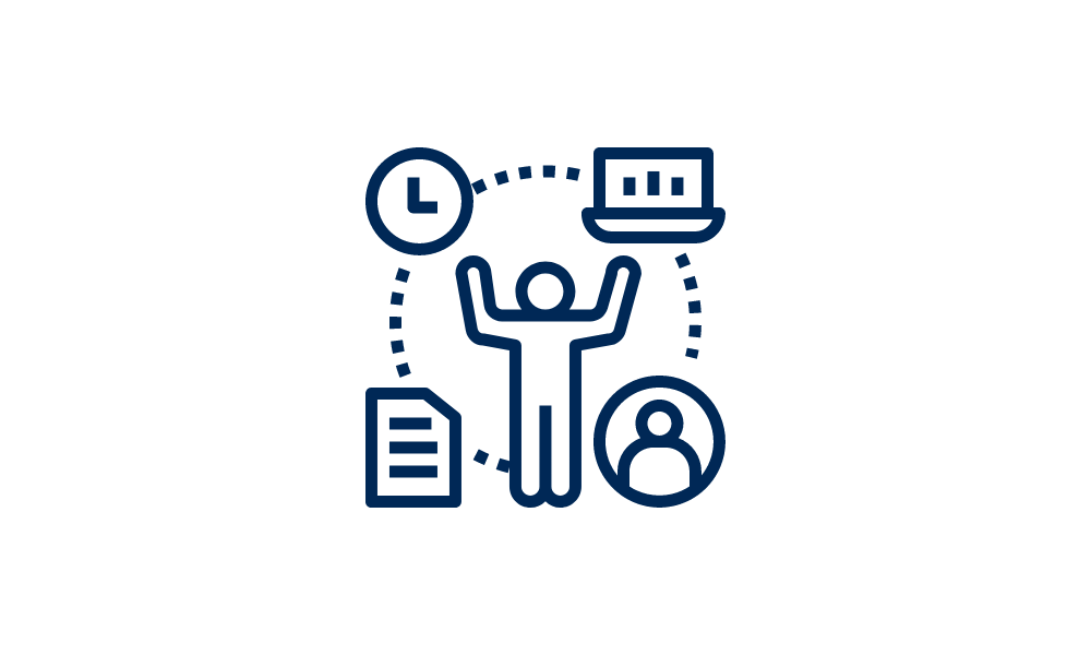Icon of person with arms in air circled by four things: a clock, a laptop, a piece of paper and a person in a circle.