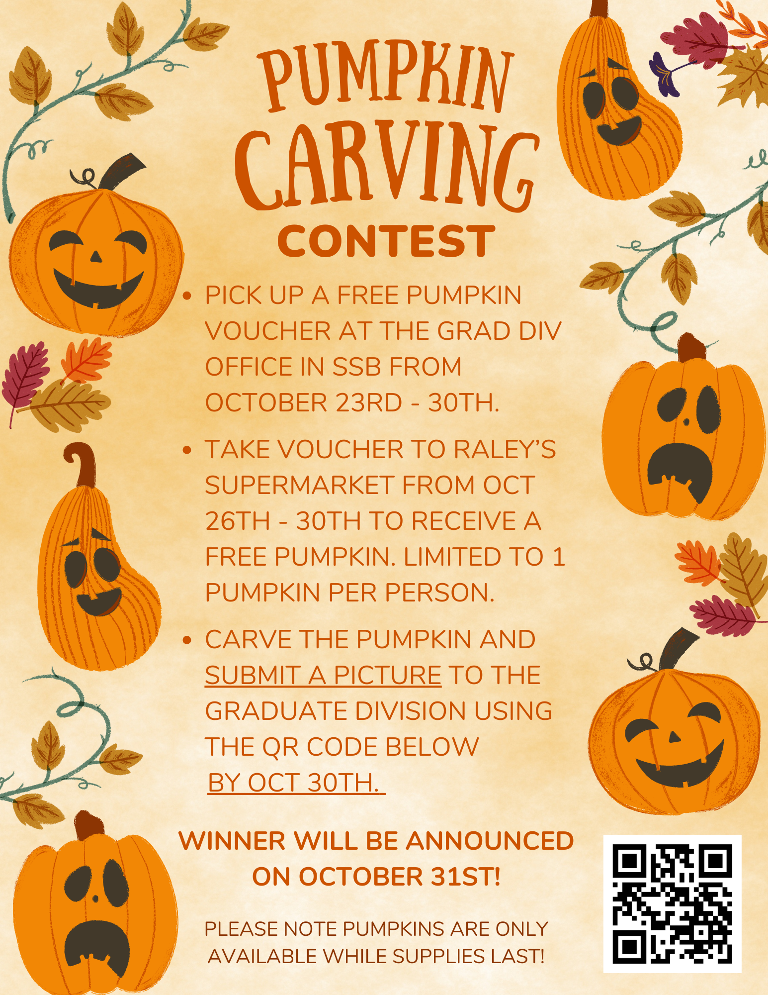 pumpkin carving flier with event details.Orange background