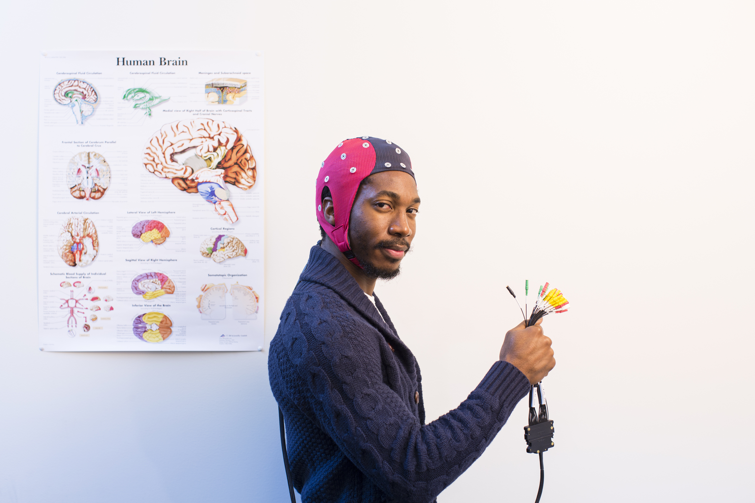 Student wearing a devise on his head and holding leads.