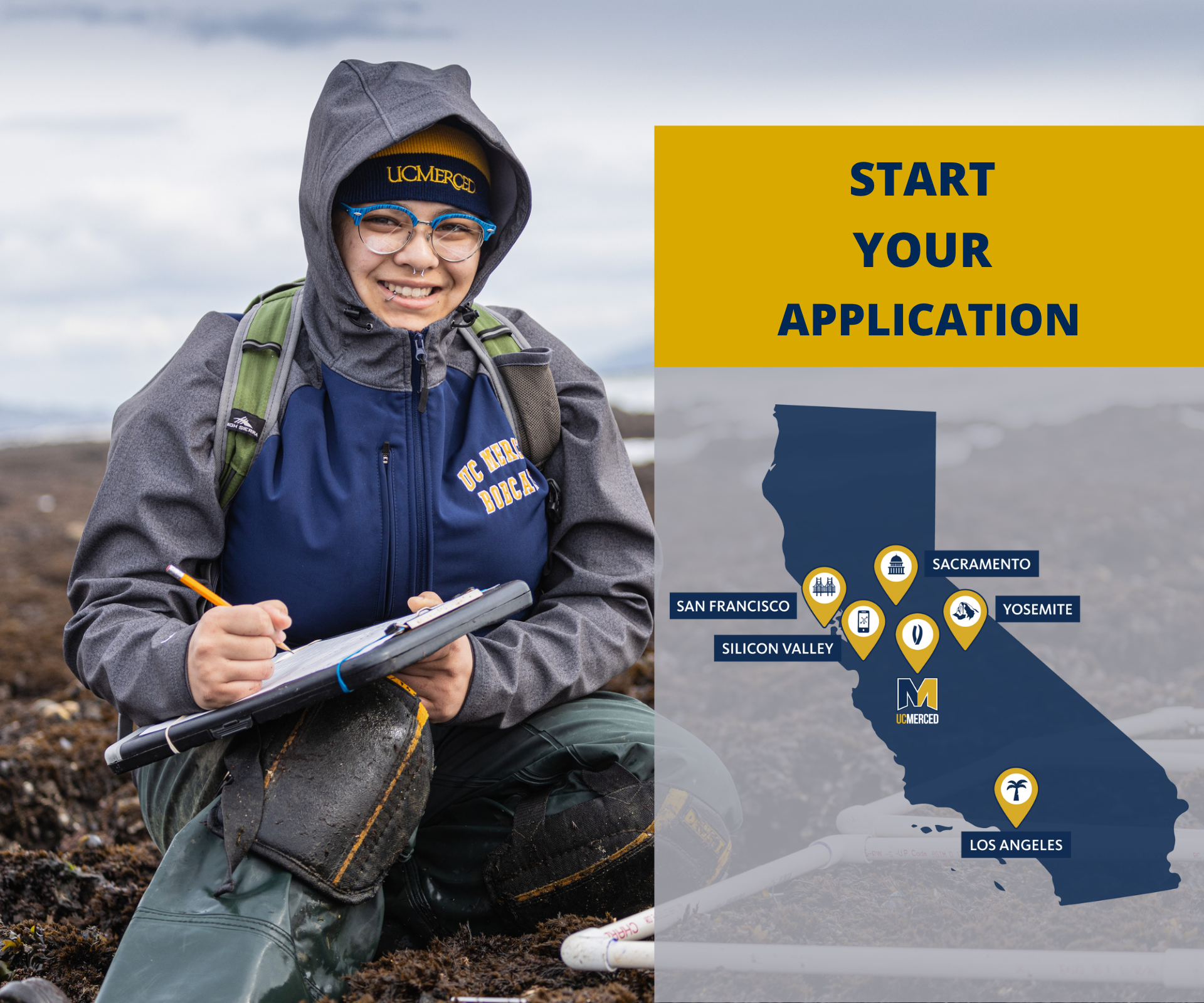 Individual sitting with clipboard in hand. Map of California. Text reads Start your application. 