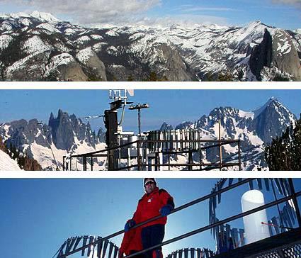 three photos of individual in the Sierras with snow