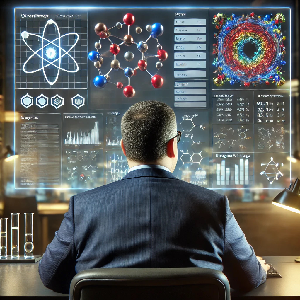 AI image of person at desk with molecutes 