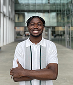 male wearing gray and white button up short