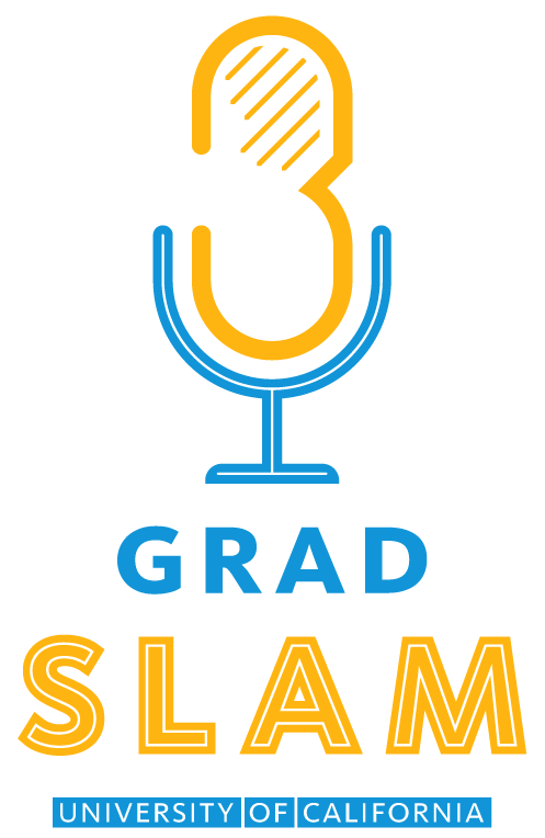 Grad Slam logo in blue and gold, microphone