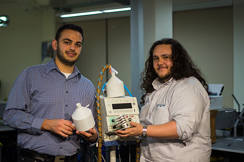 Michael Urner, right, and Paul Bargouth continued forward with their capstone project to build better infant ventilators, and are now running a startup with help from the UC Merced Venture Lab.