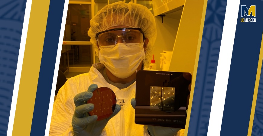 Pooja Chopra, a former student in Professor Bin Liu’s lab, holds an example of a design fabricated on a silicon substrate using photolithography.