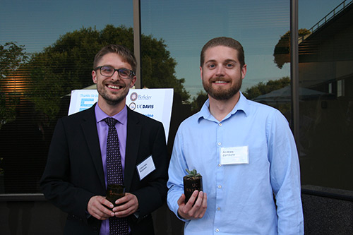 Graduate student Andrew Zumkehr, right, and fellow Carbon Slam competitor Johannes Rebelein, from UC Irvine