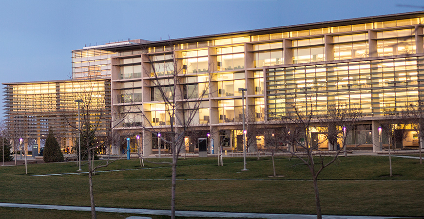 The exterior of the Leo and Dottie Kolligian Library at UC Merced is seen on the evening of Jan. 27, 2014.