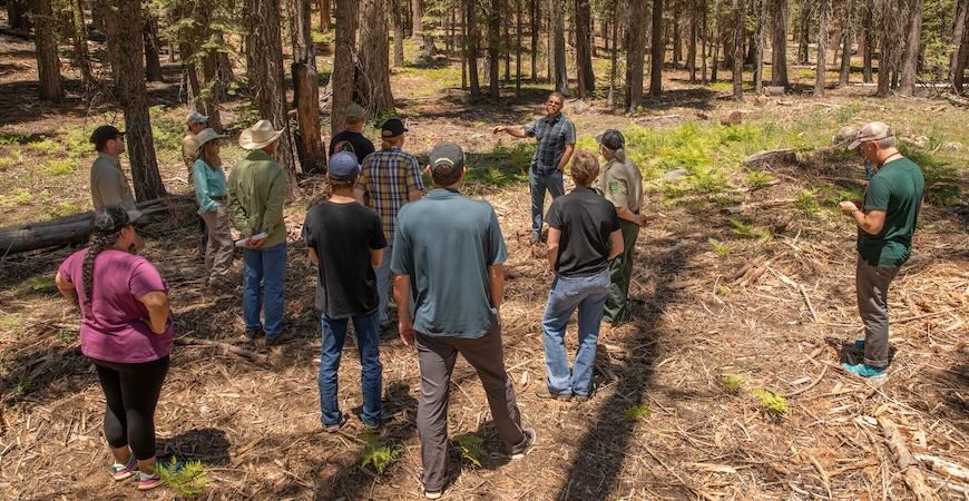 Robert Galliano, a forester designing and tracking the fuels treatments for the French Meadows Partnership, is shown talking to a crowd of people.